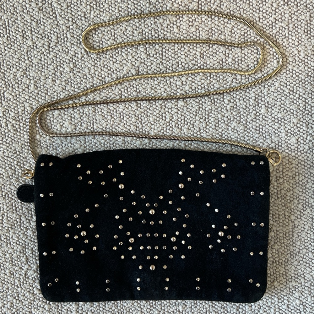 Free People Kingston Black Suede Studded Crossbody with Gold Chain Strap